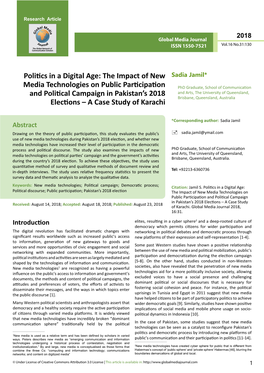 Politics in a Digital Age: the Impact of New Media Technologies on Public Participation and Political Campaign in Pakistan's 2