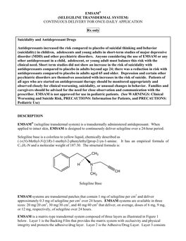 Emsam (Selegiline Transdermal System) Continuous Delivery for Once-Daily Application