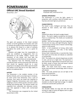 POMERANIAN Official UKC Breed Standard Companion Dog Group Revised May 1, 2017 ©Copyright 1992, United Kennel Club