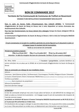 BON DE COMMANDE 2017 Territoire De L’Ex Communauté De Communes De Treffort En Revermont VIDANGE D’UNE INSTALLATION D’ASSAINISSEMENT NON COLLECTIF