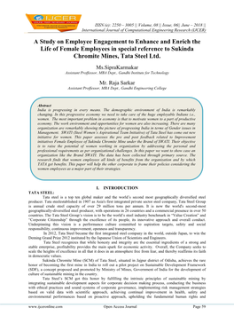 A Study on Employee Engagement to Enhance and Enrich the Life of Female Employees in Special Reference to Sukinda Chromite Mines, Tata Steel Ltd