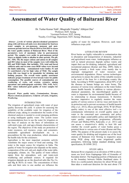 Assessment of Water Quality of Baitarani River