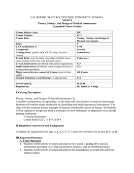 CALIFORNIA STATE POLYTECHNIC UNIVERSITY, POMONA MU4171 Theory, History, and Design of Musical Instruments Expanded Course Outline