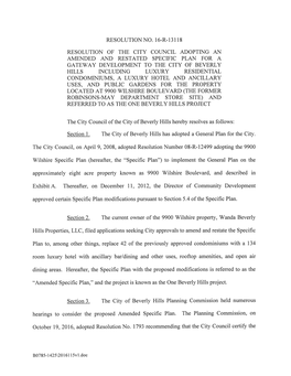 Resolution No. 16-R-131 18 Resolution of the City Council Adopting an Amended and Restated Specific Plan for a Gateway Developme