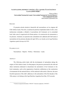 LANÚS (1915-1920)* MARCOS MELE Universidad Nacional De Lanús/ Universidad Nacional De Tres De Febrero / Universidad Del Salvador Marcosmele12@Hotmail.Com