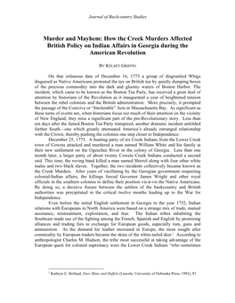 Murder and Mayhem: How the Creek Murders Affected British Policy on Indian Affairs in Georgia During the American Revolution