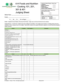 4-H Foods and Nutrition Cooking 101, 201, 301 & 401 Judging Sheet