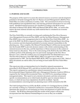 Bureau of Land Management Mineral Potential Report Price Field Office, Utah 2002