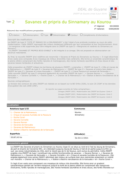 Savanes Et Pripris Du Sinnamary Au Kourou N° Régional: 00100000 N° National: 030020030 Résumé Des Modifications Proposées