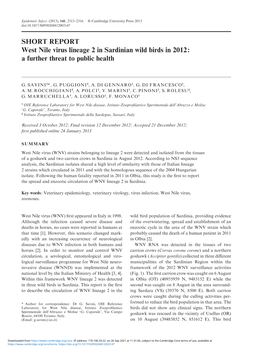 SHORT REPORT West Nile Virus Lineage 2 in Sardinian Wild Birds in 2012: a Further Threat to Public Health