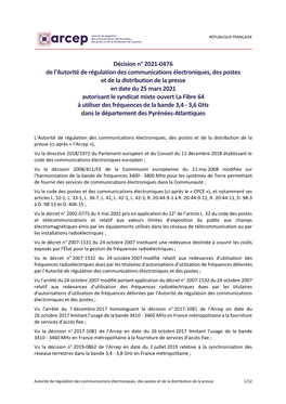 Décision N° 2021-0476 De L'arcep En Date Du 25 Mars 2021 Autorisant Le