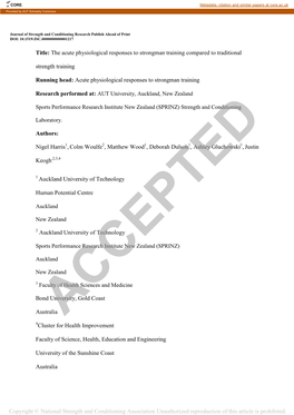 The Acute Physiological Responses to Strongman Training Compared to Traditional