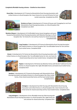 Completed Affordable Housing Schemes – Stratford on Avon District