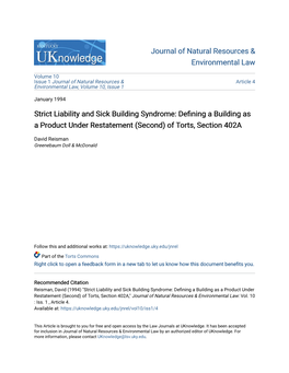 Strict Liability and Sick Building Syndrome: Defining a Building As a Product Under Restatement (Second) of Torts, Section 402A