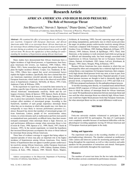 AFRICAN AMERICANS and HIGH BLOOD PRESSURE: the Role of Stereotype Threat Jim Blascovich,1 Steven J