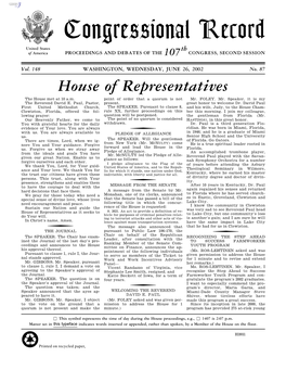 Congressional Record United States Th of America PROCEEDINGS and DEBATES of the 107 CONGRESS, SECOND SESSION