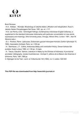 KA Adelaar, Muhadjir, Morphology of Jakarta Dialect, Affixation and Reduplication, Nusa II, Jakarta