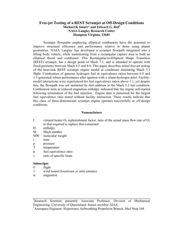 Free-Jet Testing of a REST Scramjet at Off-Design Conditions Michael K Smart* and Edward G