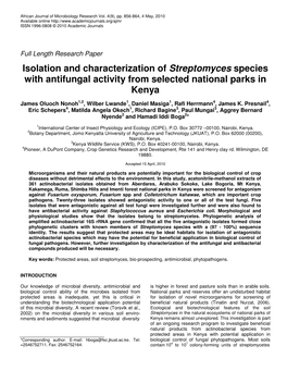 Isolation and Characterization of Streptomyces Species with Antifungal Activity from Selected National Parks in Kenya