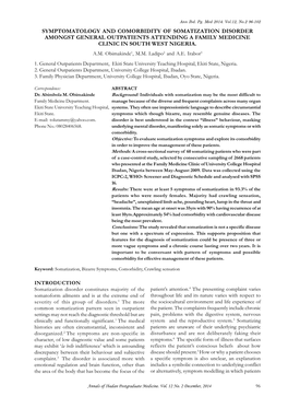 Symptomatology and Comorbidity of Somatization Disorder Amongst General Outpatients Attending a Family Medicine Clinic in South West Nigeria