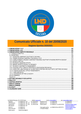 Comunicato Ufficiale N. 10 Del 20/08/2020