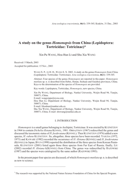 A Study on the Genus Homonopsis from China (Lepidoptera: Tortricidae: Totricinae)*