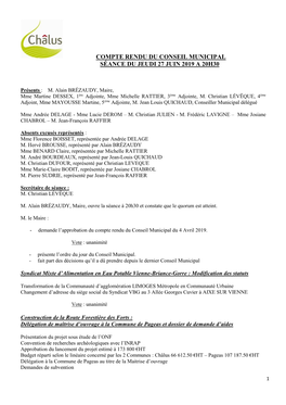 Compte Rendu Du Conseil Municipal Séance Du Jeudi 27 Juin 2019 a 20H30