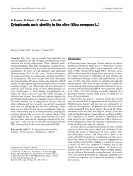 Cytoplasmic Male Sterility in the Olive (Olea Europaea L.)
