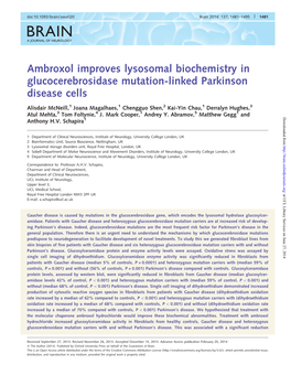 Ambroxol Improves Lysosomal Biochemistry in Glucocerebrosidase Mutation-Linked Parkinson Disease Cells