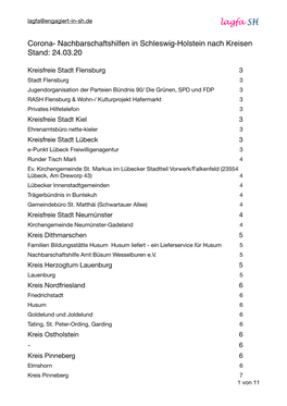 Corona- Nachbarschaftshilfen in Schleswig-Holstein Nach Kreisen Stand: 24.03.20