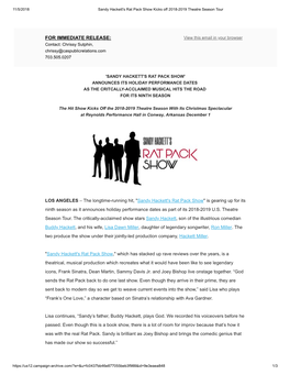 'Sandy Hackett's Rat Pack Show' Announces Its Holiday Performance Dates As the Critcally-Acclaimed Musical Hits the Road for Its Ninth Season