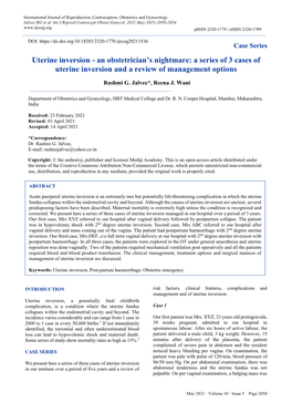 Uterine Inversion - an Obstetrician’S Nightmare: a Series of 3 Cases of Uterine Inversion and a Review of Management Options