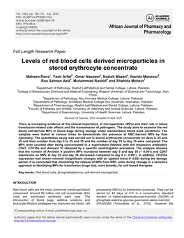 Levels of Red Blood Cells Derived Microparticles in Stored Erythrocyte Concentrate