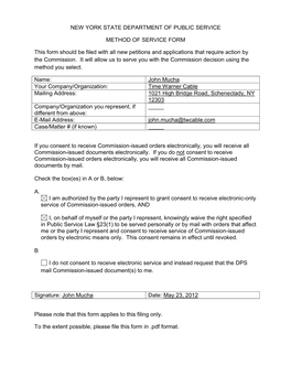 NEW YORK STATE DEPARTMENT of PUBLIC SERVICE METHOD of SERVICE FORM This Form Should Be Filed with All New Petitions and Applicat