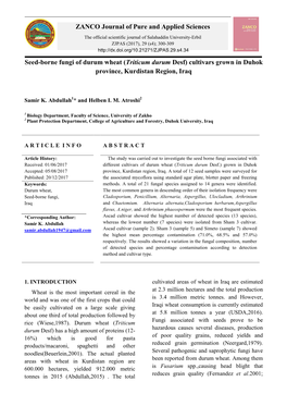 ZANCO Journal of Pure and Applied Sciences Seed-Borne Fungi of Durum Wheat (Triticum Durum Desf) Cultivars Grown in Duhok Provin