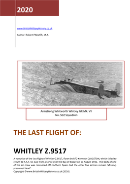 The Last Flight of Whitley Z.9517, Flown by P/O Kenneth CLUGSTON, Which Failed to Return to R.A.F