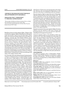 February 2002 Zoos' Print Journal17(2): 722 NOTE ZOOS' PRINT JOURNAL 17(2): 722 a REPORT on the MIGRATION of BUTTERFLIES in ARAL