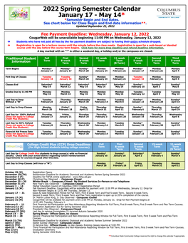 2022 Spring Semester Calendar January 17 - May 14* *Semester Begin and End Dates