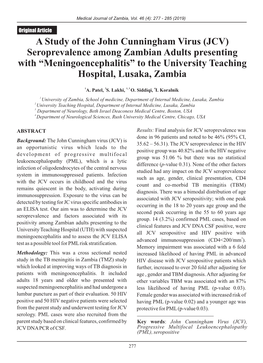 JCV) Seroprevalence Among Zambian Adults Presenting with “Meningoencephalitis” to the University Teaching Hospital, Lusaka, Zambia