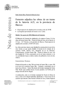 Fomento Adjudica Las Obras De Un Tramo De La Autovía A-21, En La Provincia De Huesca