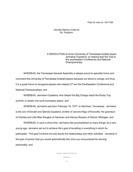 A RESOLUTION to Honor University of Tennessee Football Player, Jermaine Copeland, on Helping Lead the Vols to the Southeastern Conference and National Championships