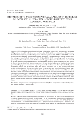 Dietary Shifts Based Upon Prey Availability in Peregrine Falcons and Australian Hobbies Breeding Near Canberra, Australia