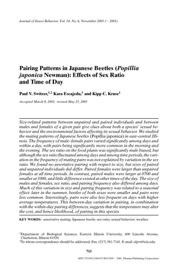 Pairing Patterns in Japanese Beetles (Popillia Japonica Newman): Effects of Sex Ratio and Time of Day