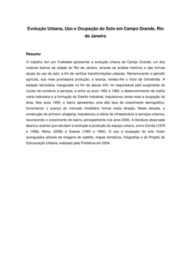 Evolução Urbana, Uso E Ocupação Do Solo Em Campo Grande, Rio De Janeiro