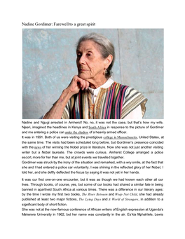 Nadine Gordimer: Farewell to a Great Spirit