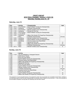 CROFT CIRCUIT 2019 TOCA Timetable : Version 1 (16.01.19) Saturday / Sunday June 15 – 16