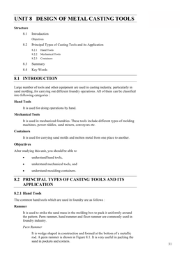 UNIT 8 DESIGN of METAL CASTING TOOLS Casting Tools