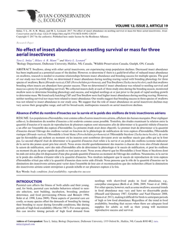 No Effect of Insect Abundance on Nestling Survival Or Mass for Three Aerial Insectivores