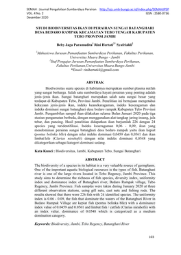 STUDI BIODIVERSITAS IKAN DI PERAIRAN SUNGAI BATANGHARI DESA BEDARO RAMPAK KECAMATAN TEBO TENGAH KABUPATEN TEBO PROVINSI JAMBI Be