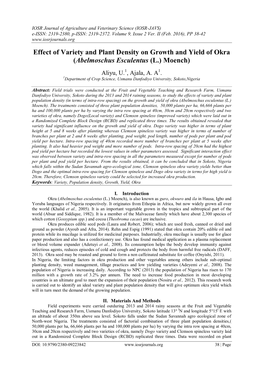 Effect of Variety and Plant Density on Growth and Yield of Okra (Abelmoschus Esculentus (L.) Moench)